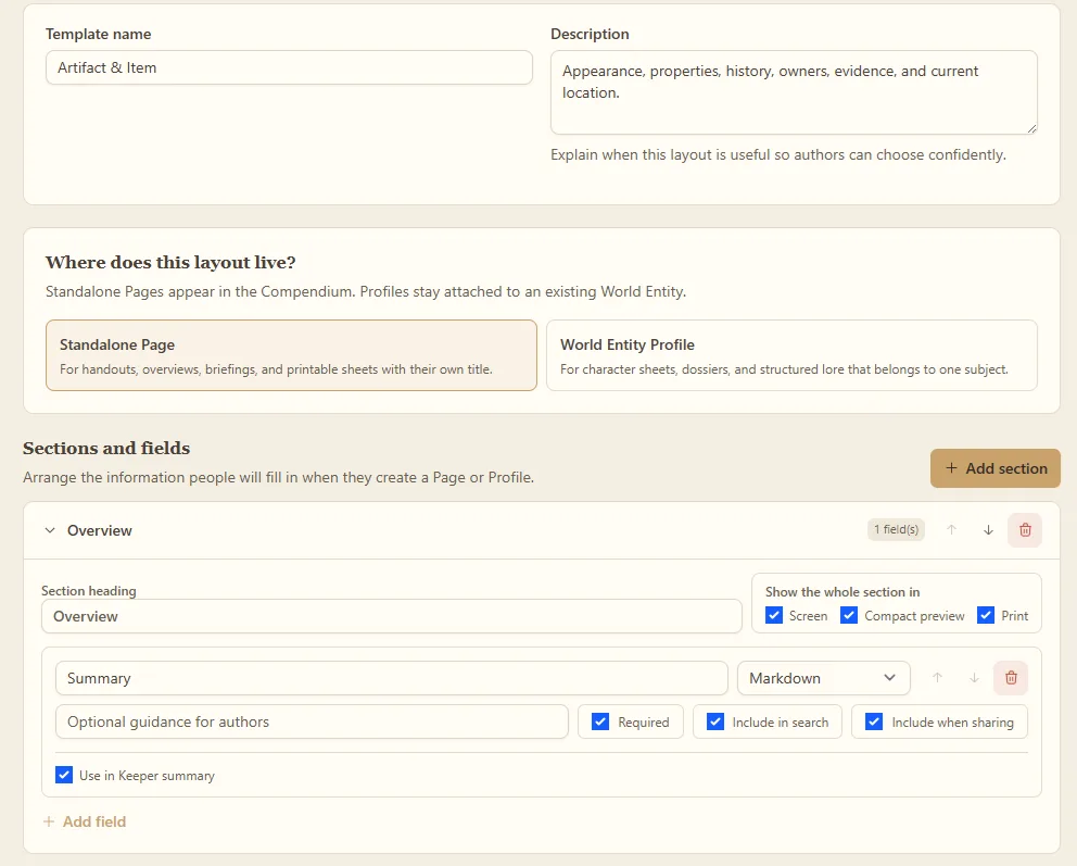 The template editor for the "Artifact & Item" page with the choice between a Standalone Page and a World Entity Profile, and the Overview section fields below.