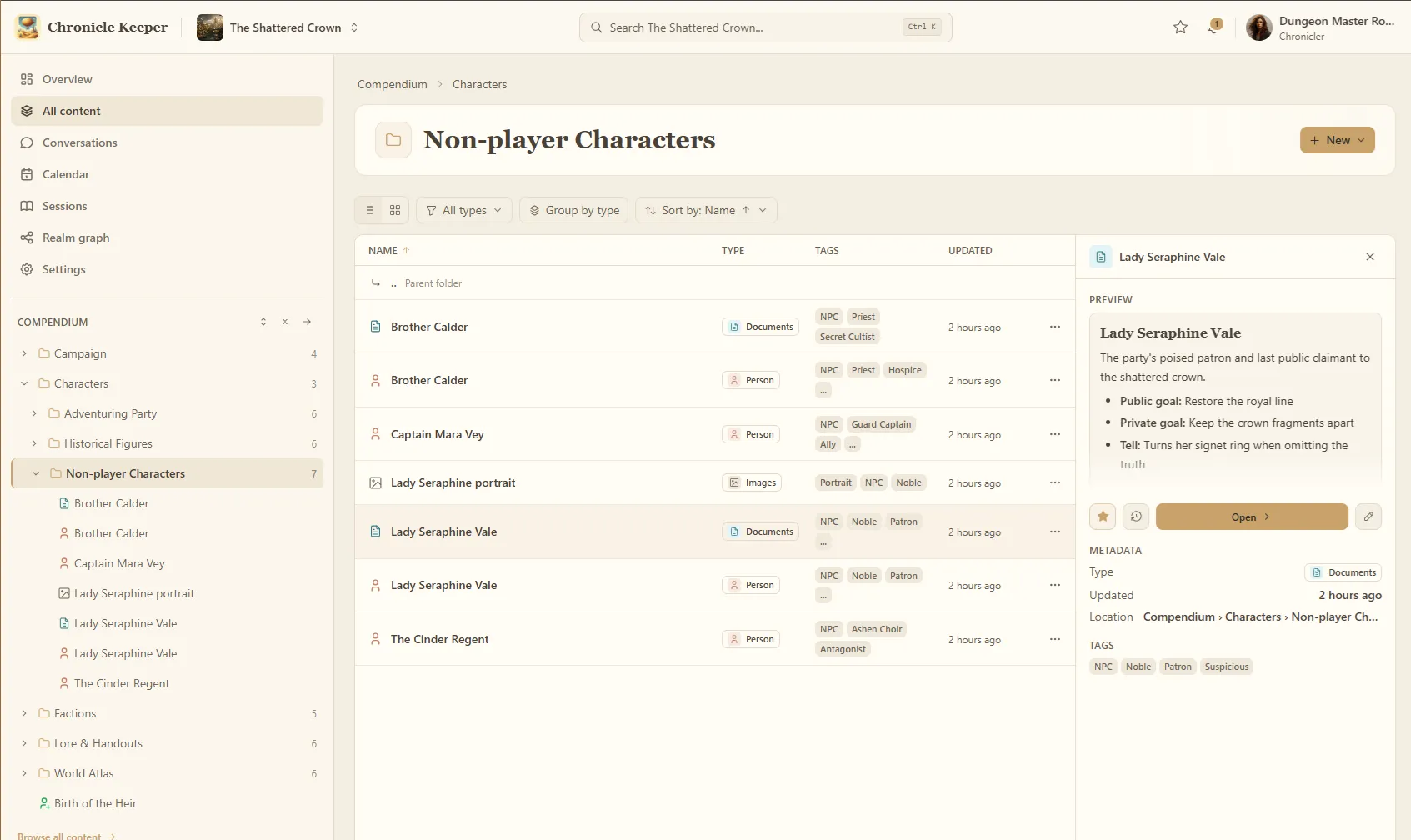 The Compendium with the non-player character folder and a preview of the Lady Seraphine Vale entry.