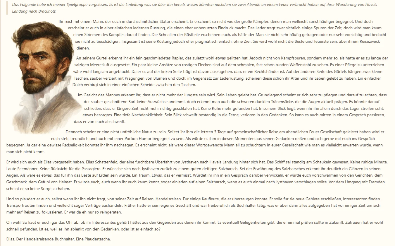 A document about Elias Schattenfeld: his cut-out portrait sits on the left, and the text flows around it.
