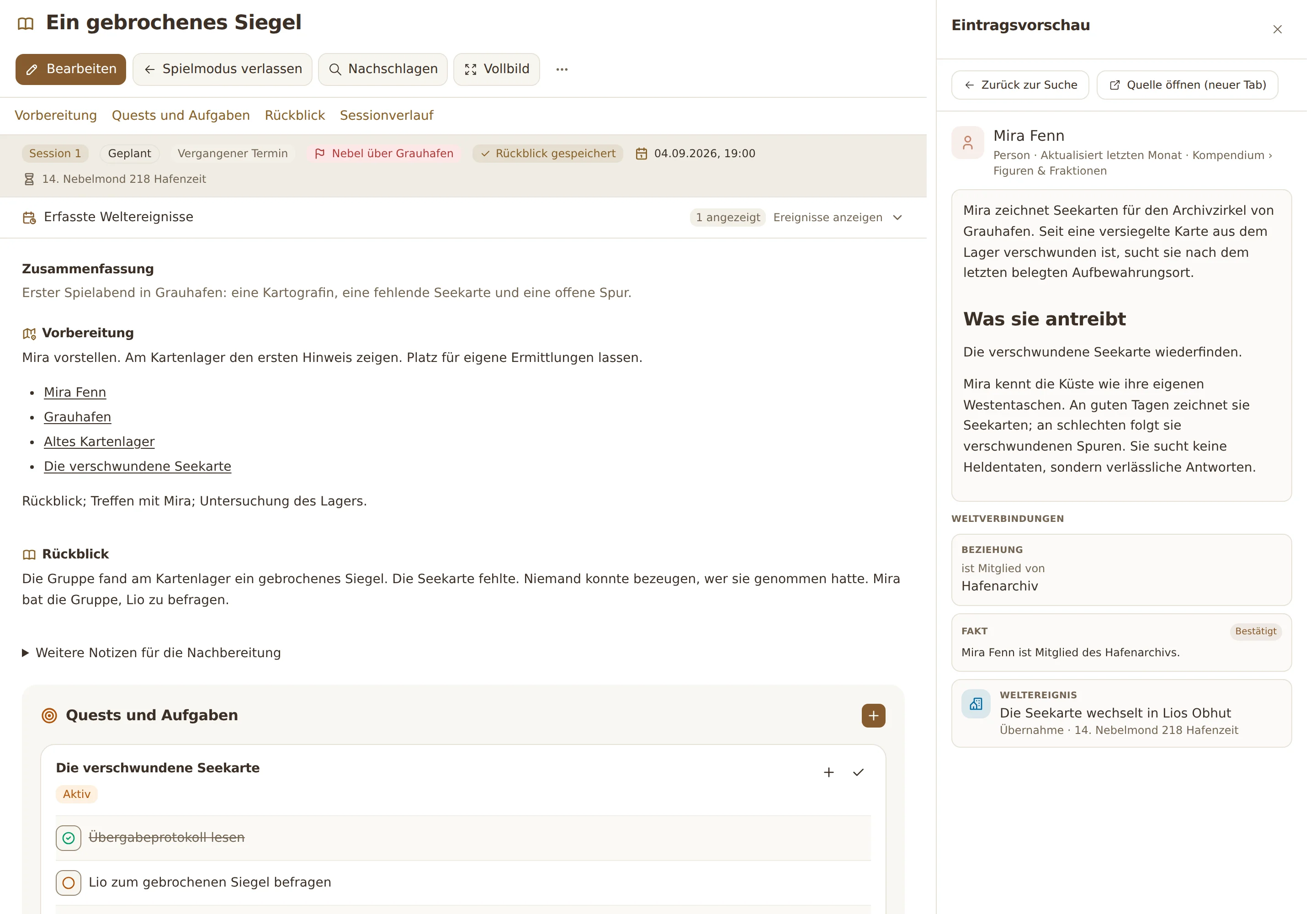 Der Spielmodus: links die Notizen der Session mit ihren Quests und Aufgaben, rechts die Vorschau des Eintrags zu Mira Fenn mit Beschreibung, Verbindungen und Weltereignis.