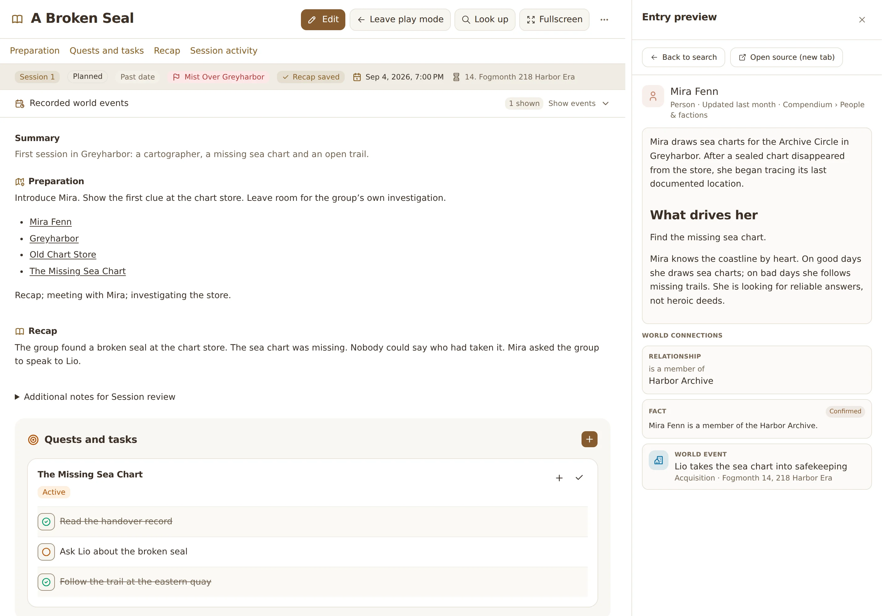 Play mode: the Session notes with their Quests and tasks on the left, the entry preview for Mira Fenn with description, connections and world event on the right.