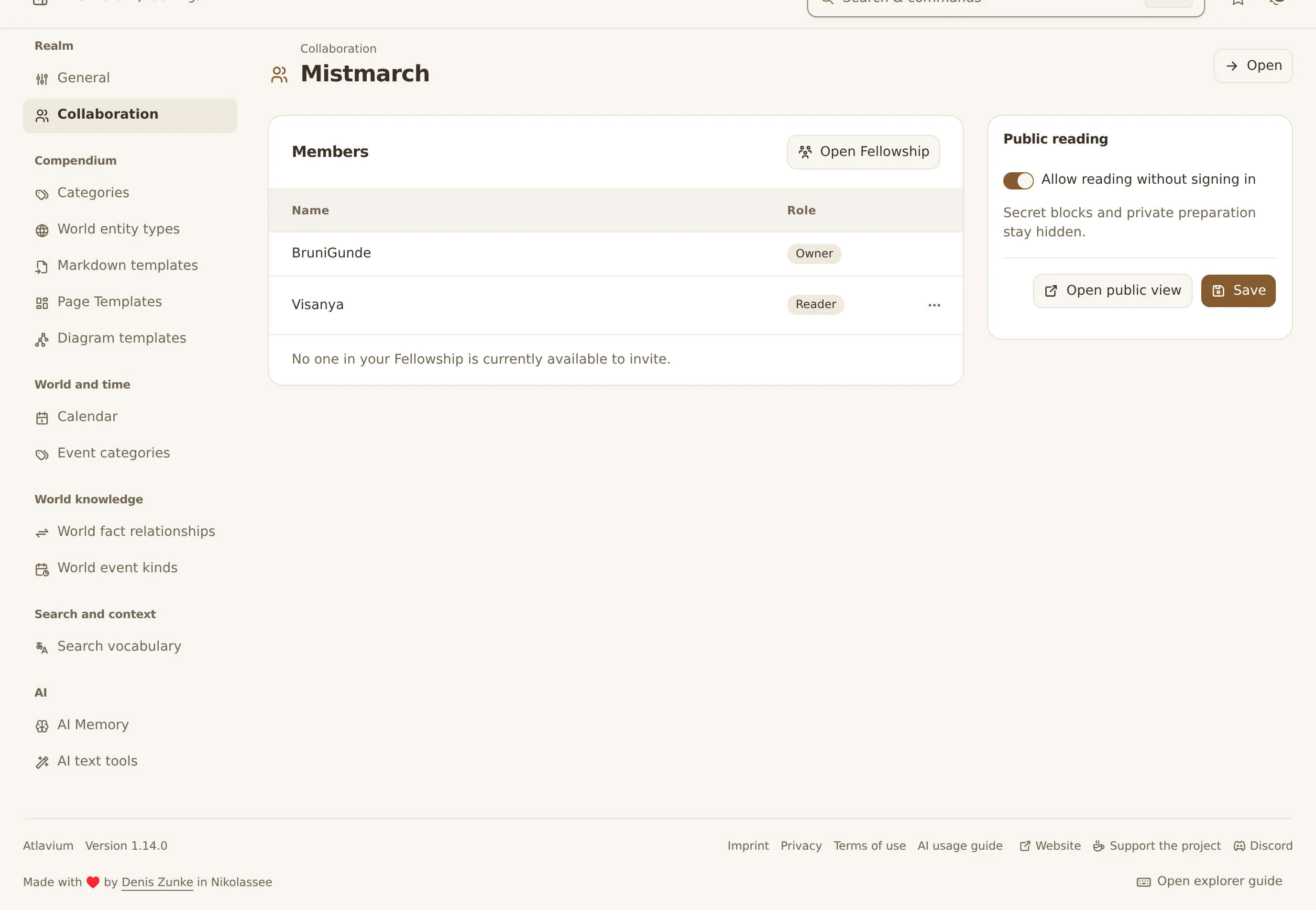 Collaboration in Mistmarch: the member list with Owner and Reader beside the public reading card