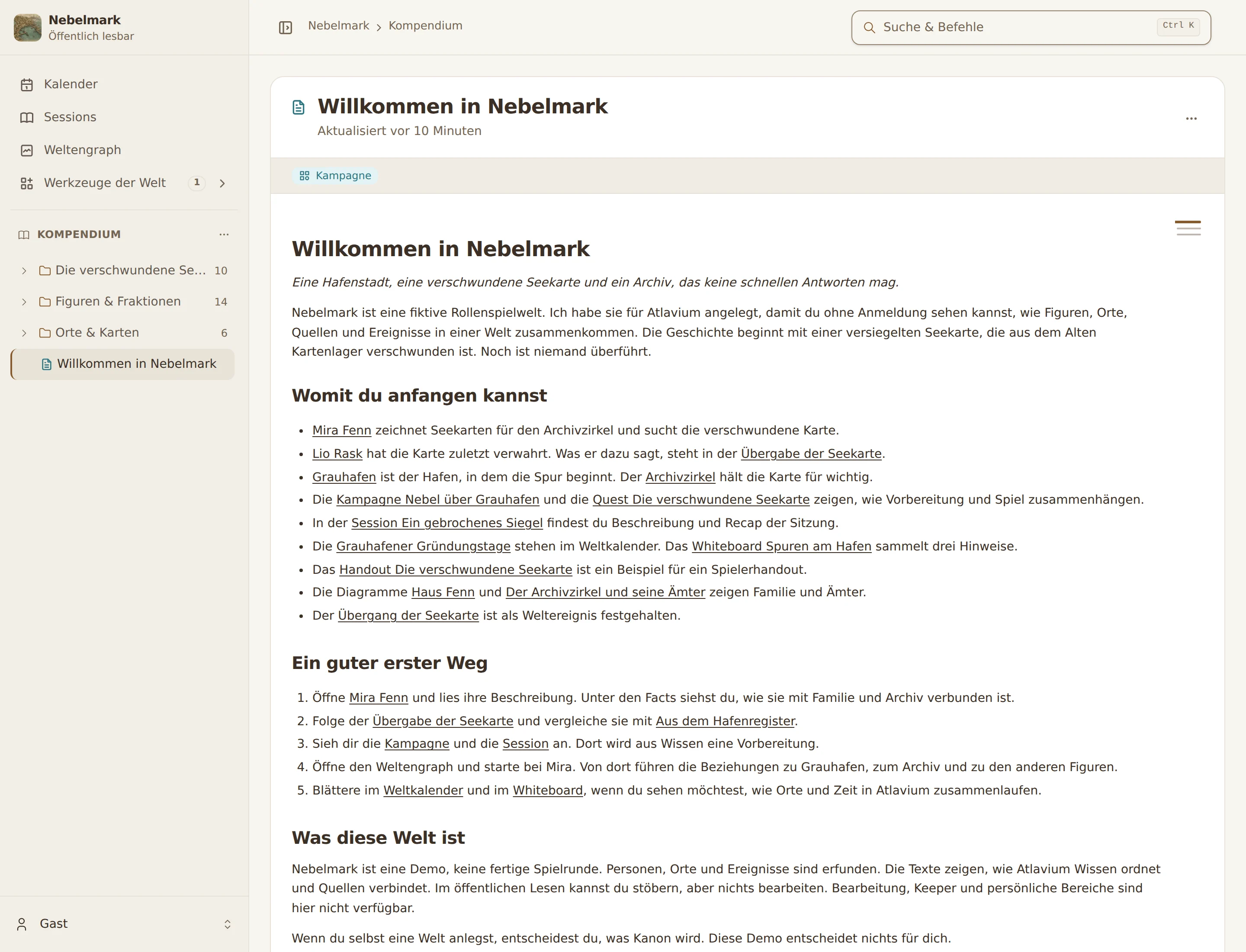 Die öffentliche Lesefassung von Nebelmark mit der Willkommensseite und Verweisen auf Figuren, Orte und Sessions.