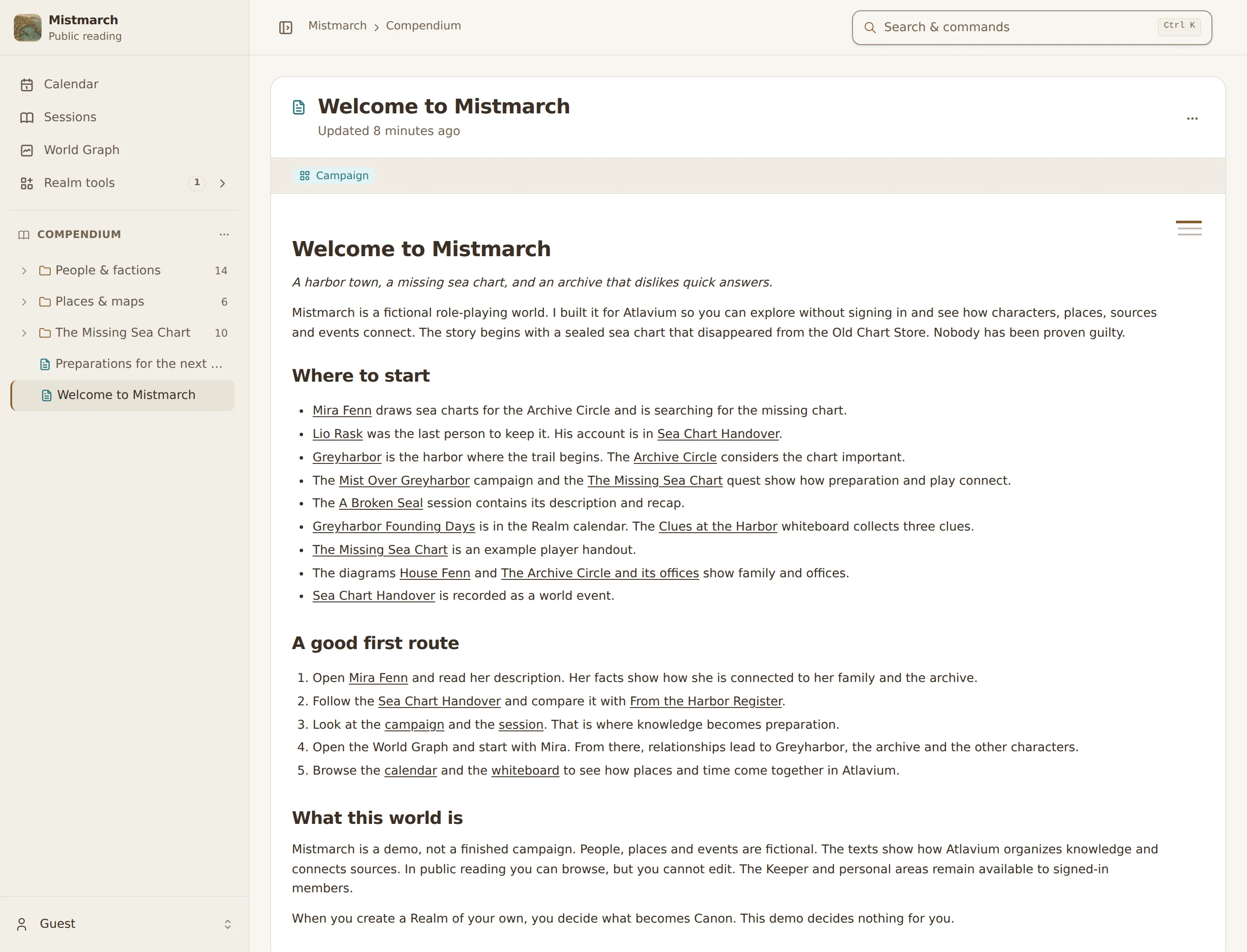 The public reading view of Mistmarch with the welcome page and links to characters, places and Sessions.