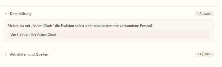 Eine beantwortete Keeper-Rückfrage bleibt im Gespräch sichtbar; darunter sind die zugehörigen Aktivitäten und Quellen aufgeführt.