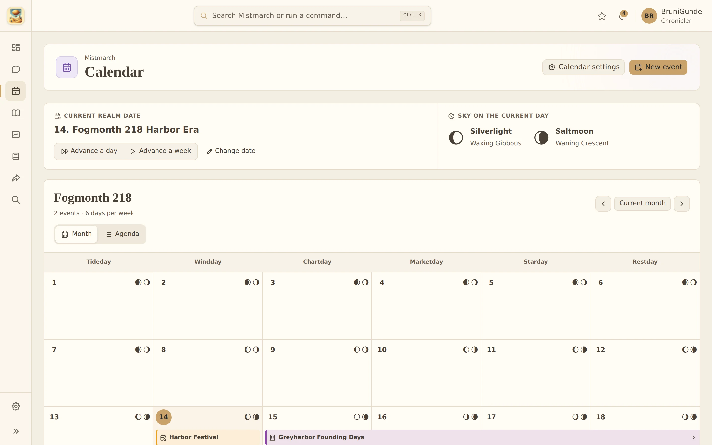 The calendar with two moons and a multi-day event.