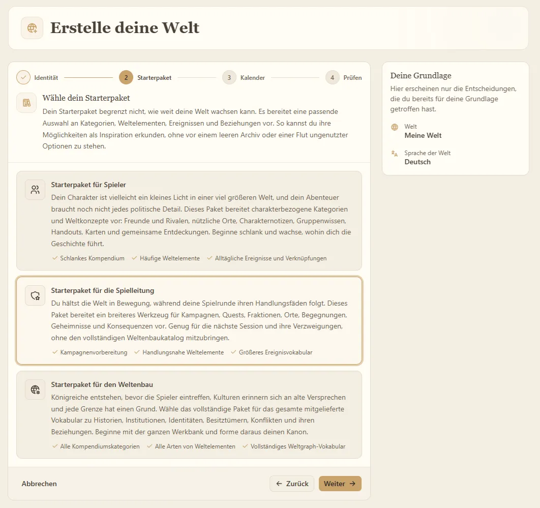 Der zweite Schritt der Welterstellung mit der Auswahl eines Startpakets für die Grundeinstellungen