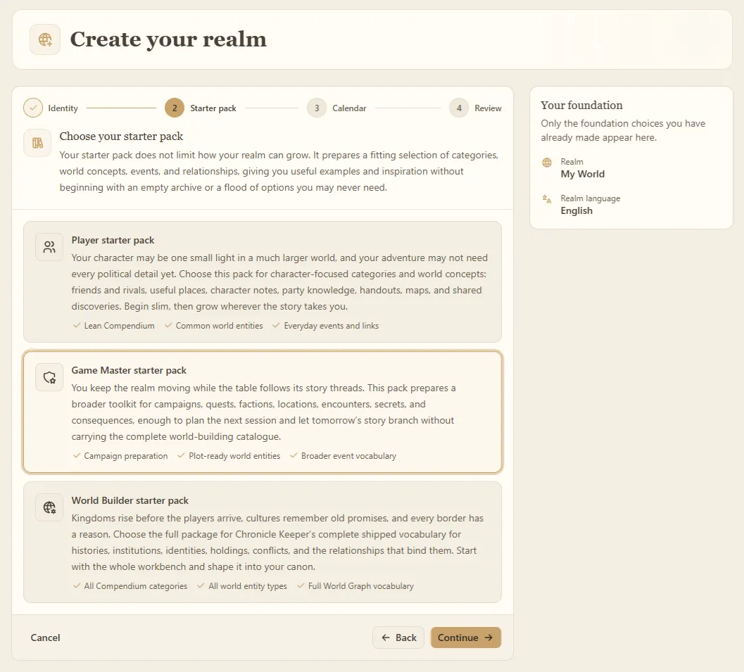 The second step of Realm creation where you choose a starter package for the default settings