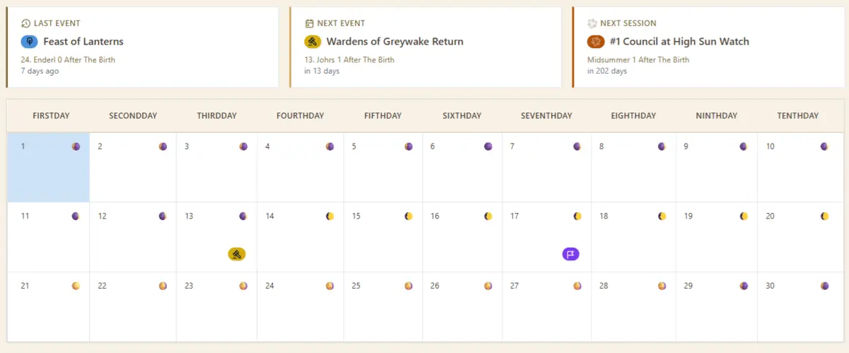 Atlavium calendar with recent events, moon phases, and the next planned Session.