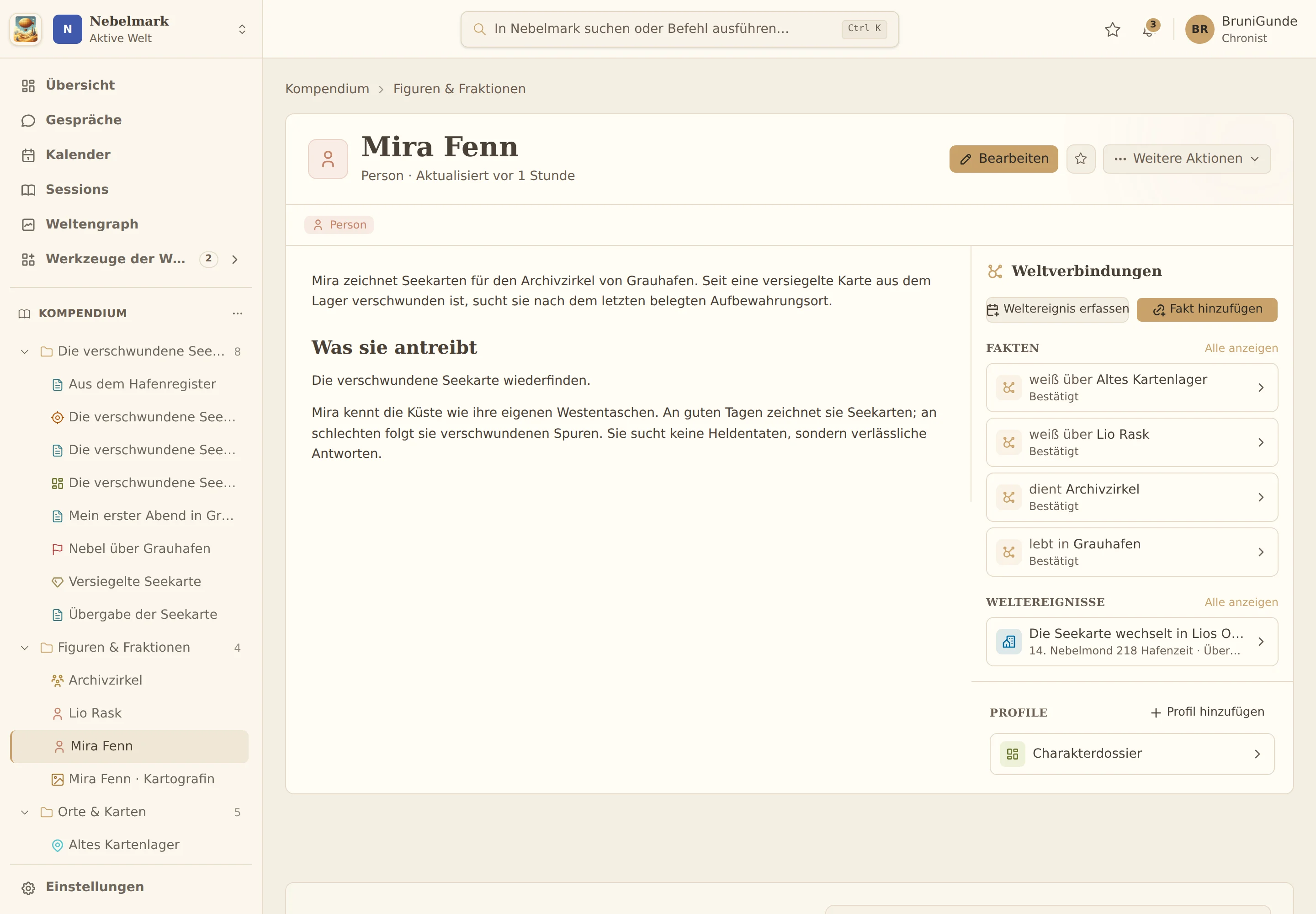 Mira Fenns Eintrag mit Beschreibung und Verbindungen zu Grauhafen und dem Archivzirkel.