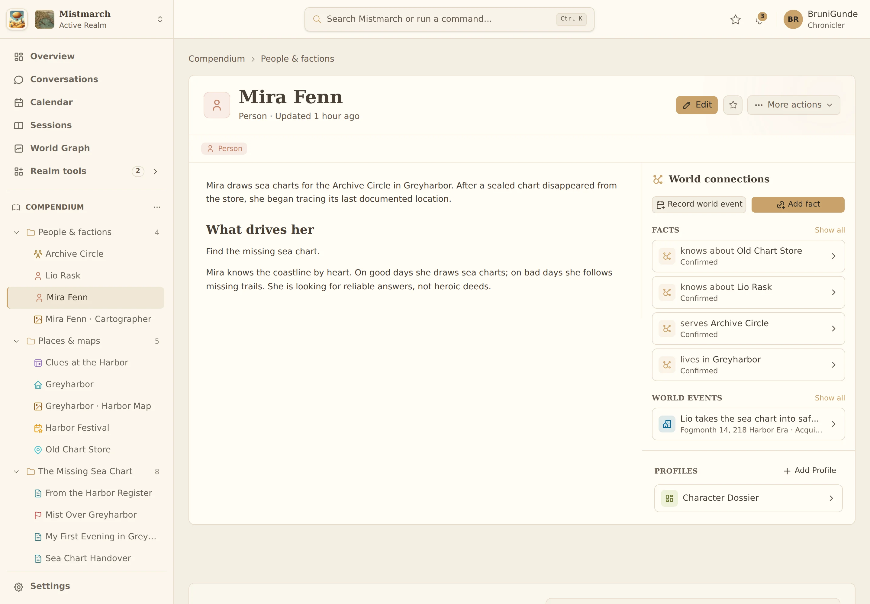 Mira Fenn’s entry with a description and connections to Greyharbor and the Archive Circle.