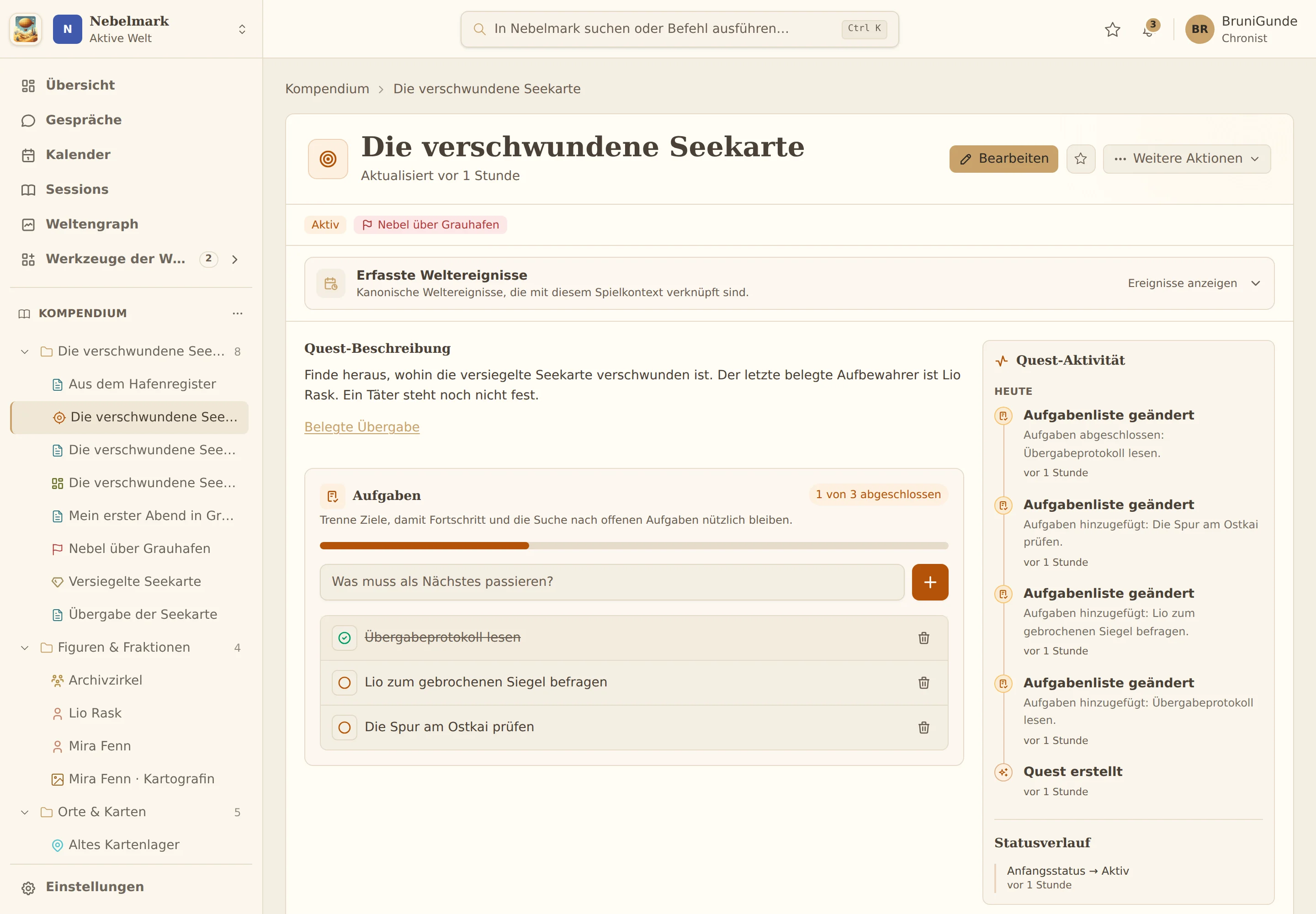 Quest zur verschwundenen Seekarte mit offenen und erledigten Aufgaben.