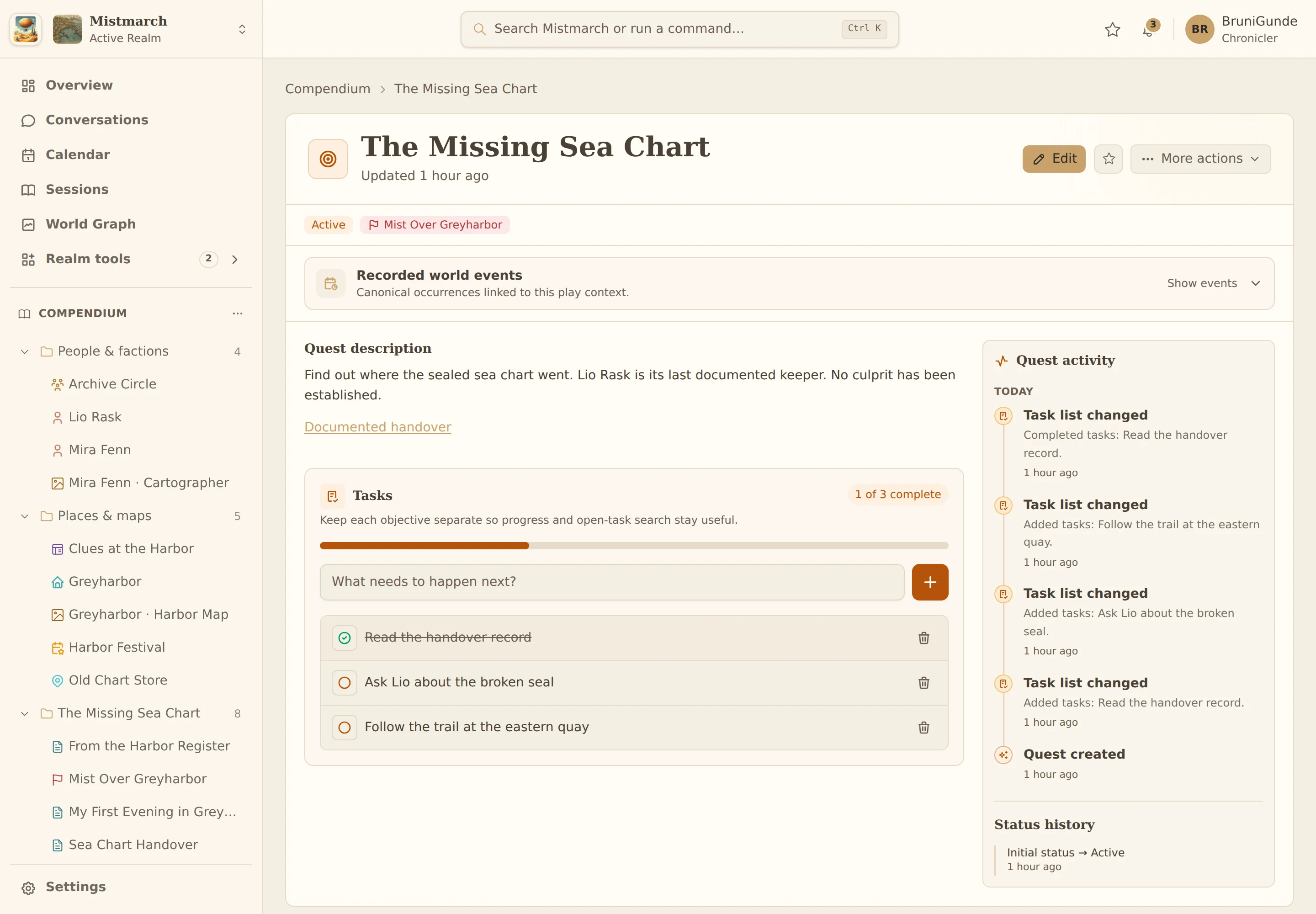 Quest for the missing sea chart with open and completed tasks.