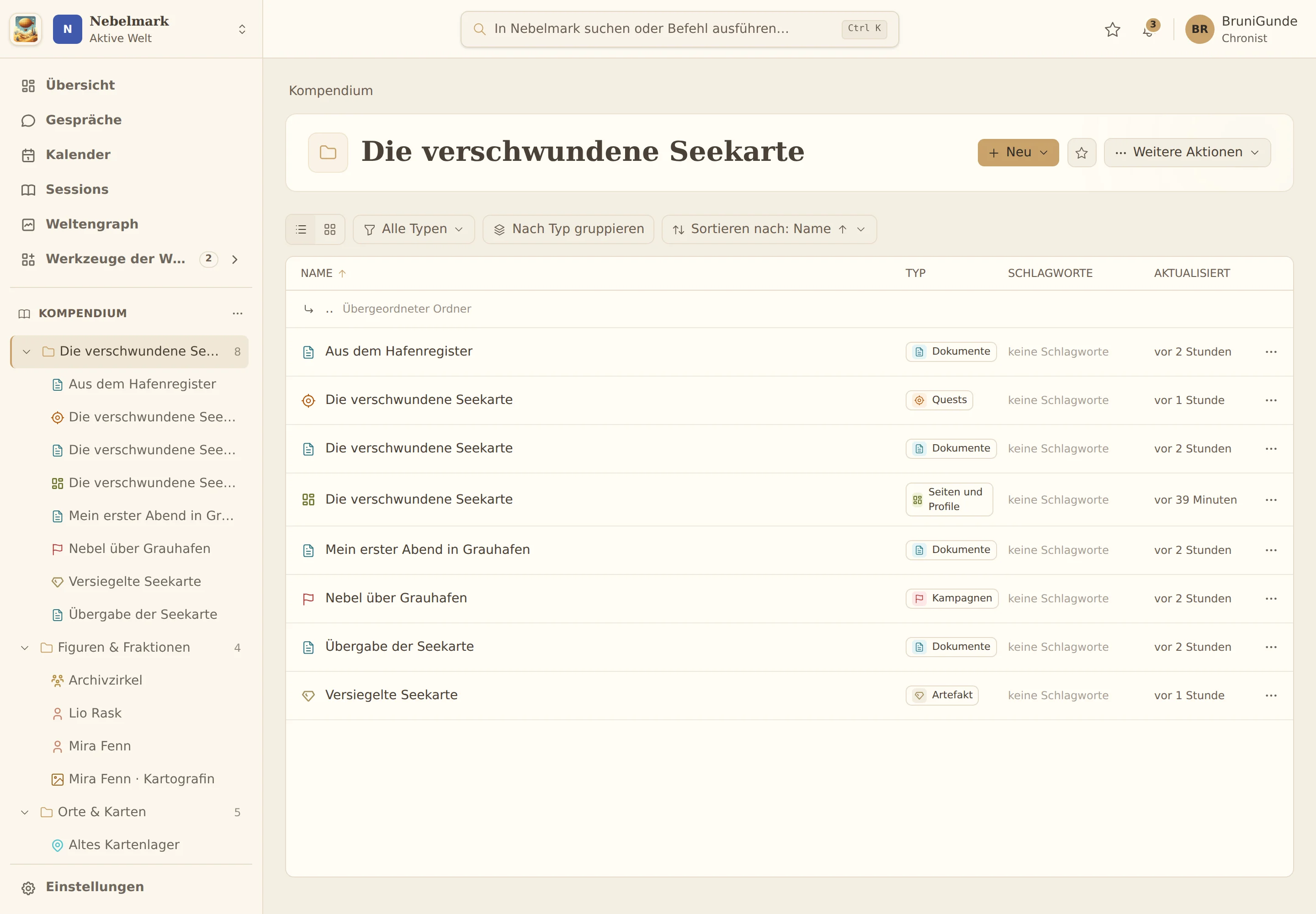 Kompendium mit Figuren, Notizen und Quests aus Grauhafen.