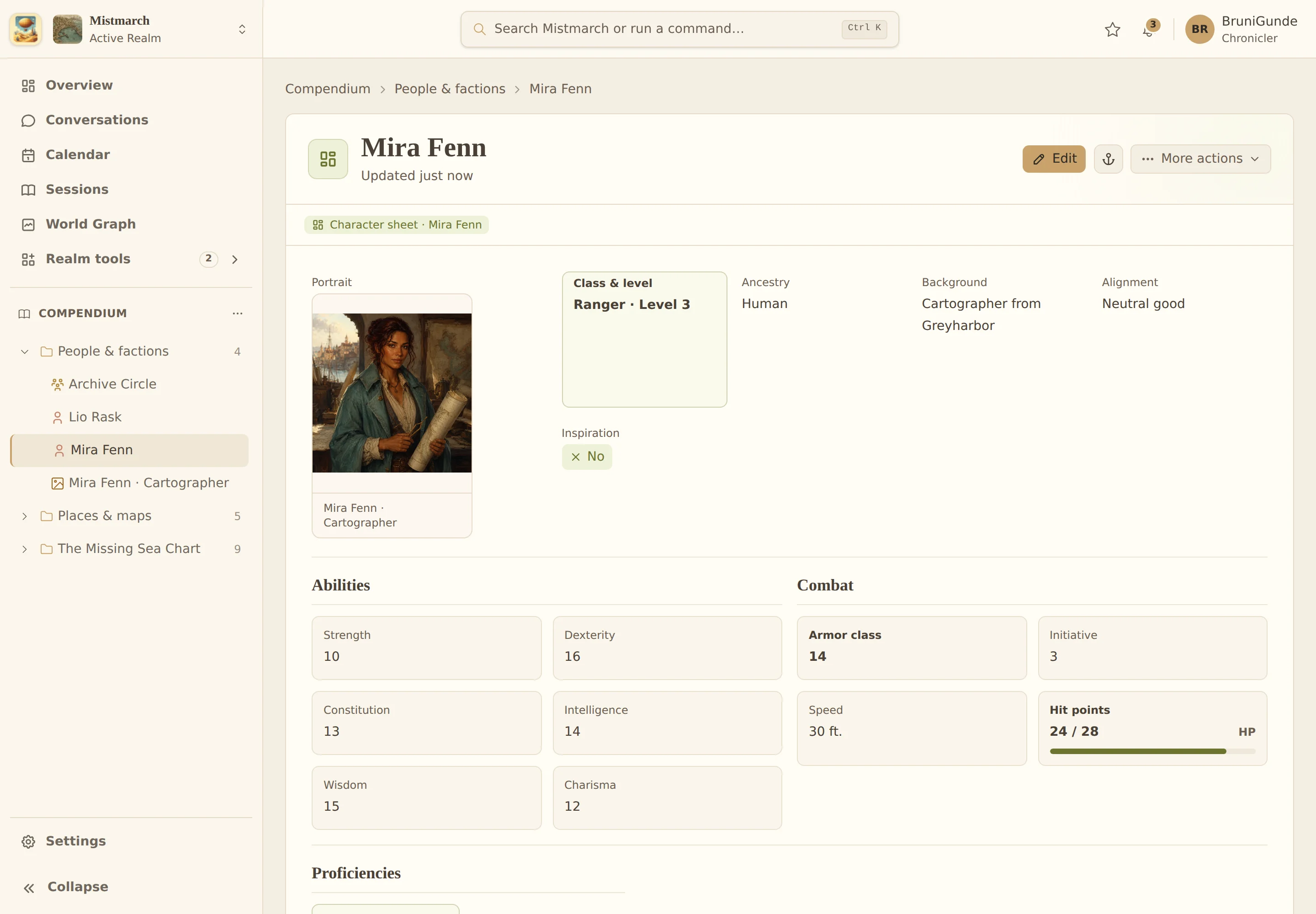 Mira’s new character sheet with a portrait, abilities and hit points.