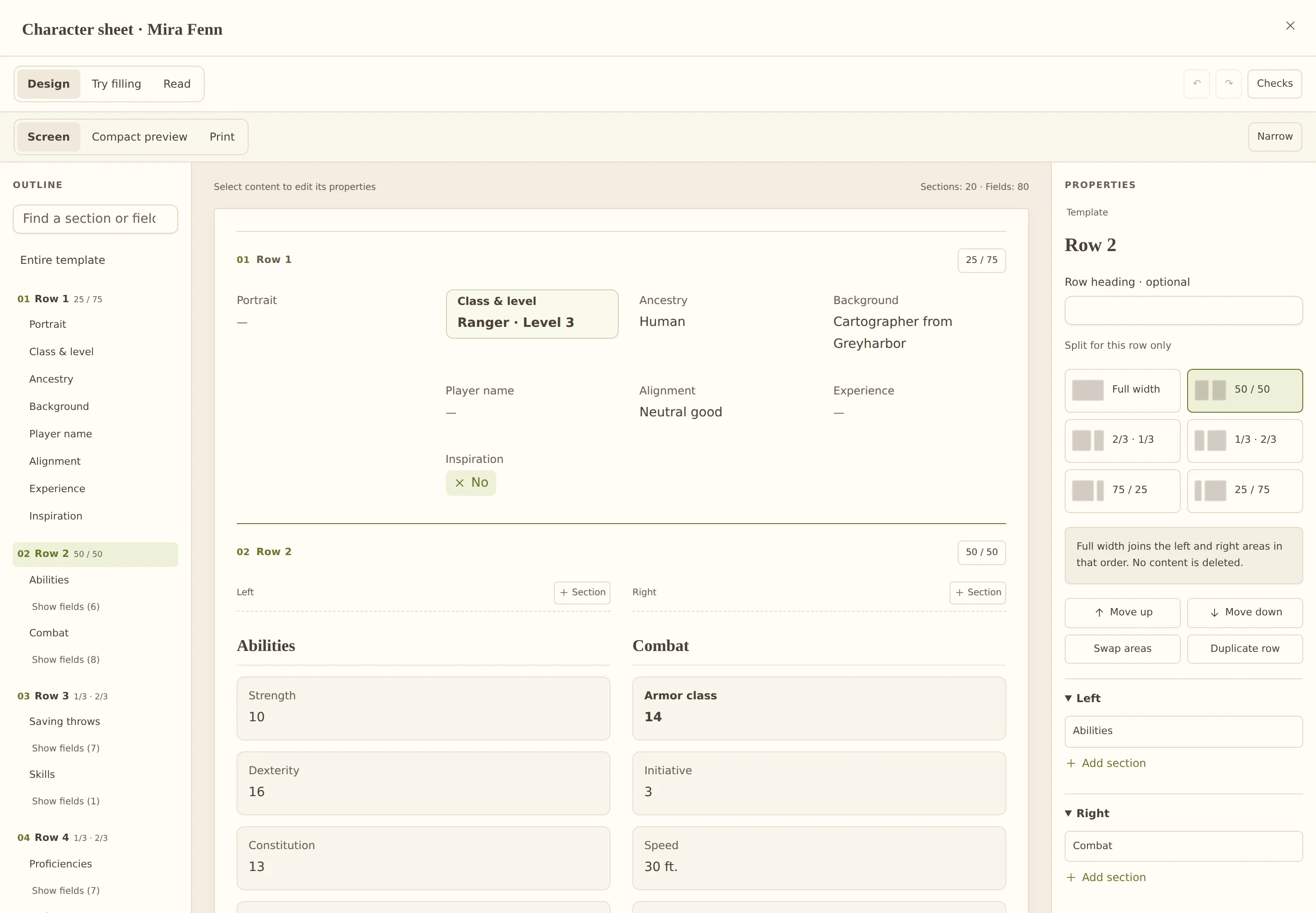 Fullscreen builder with the outline, character sheet and row split properties.
