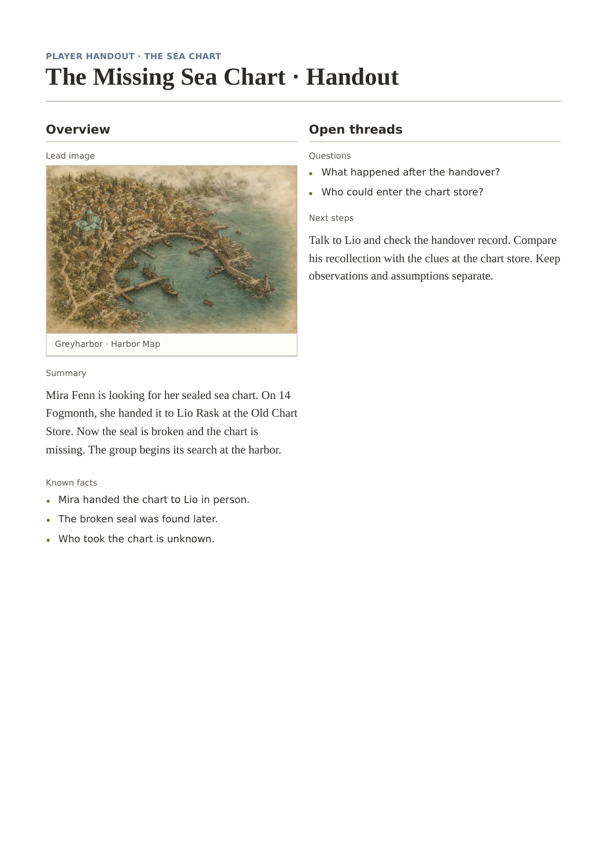 Print view of the handout about the missing sea chart.