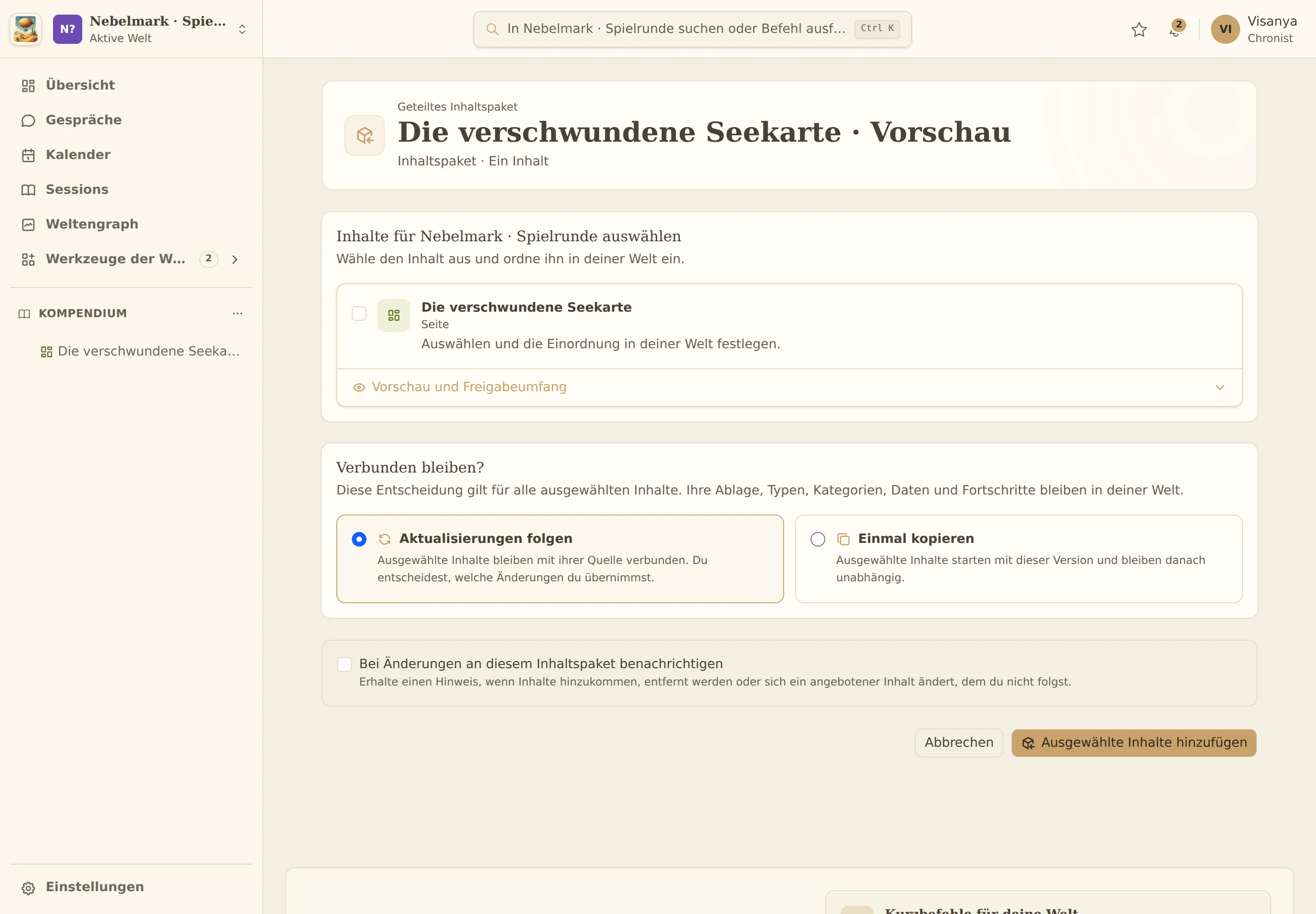 Importauswahl und spätere Prüfung einer Quellenaktualisierung.