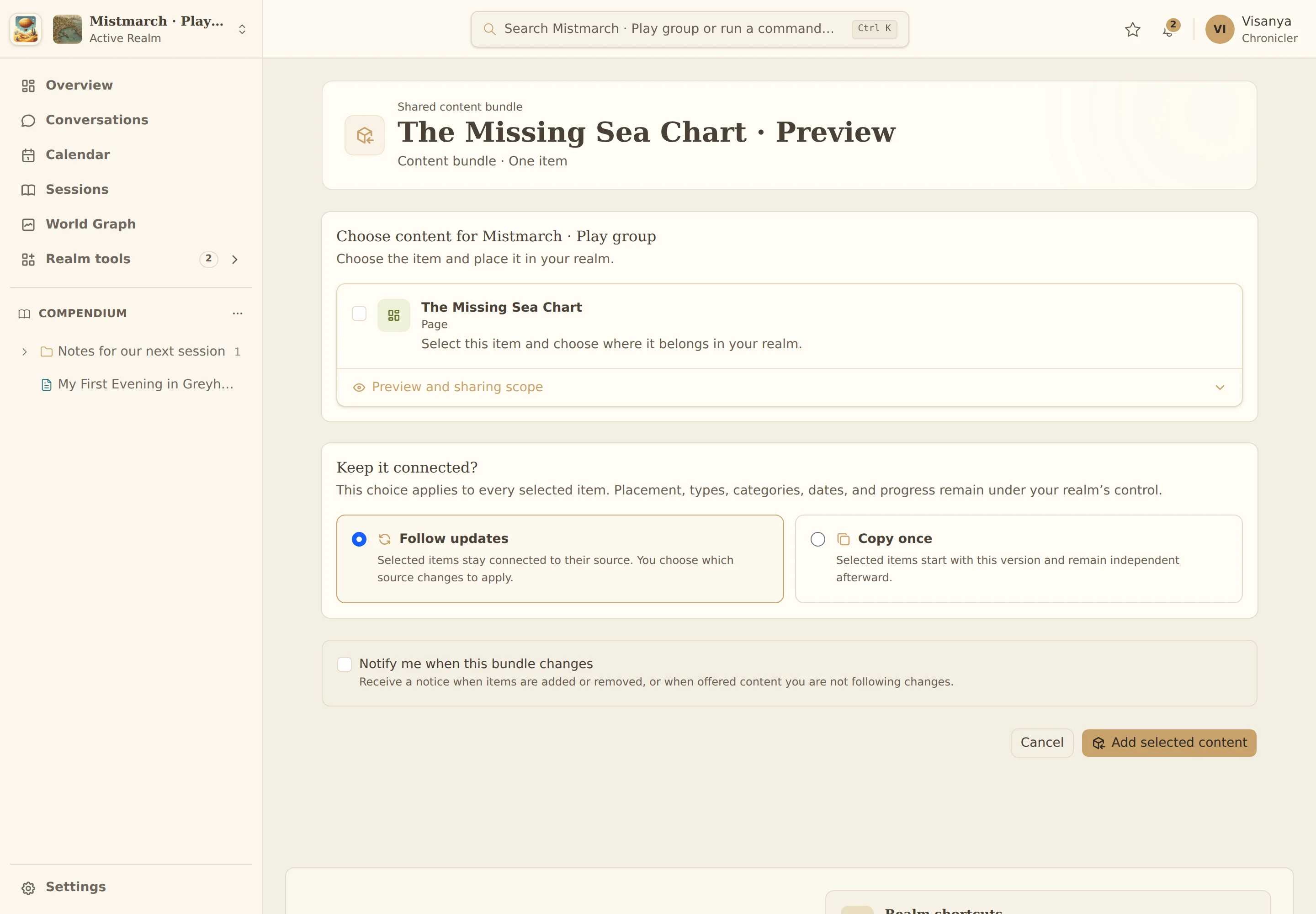 Import choice and later review of a source update.