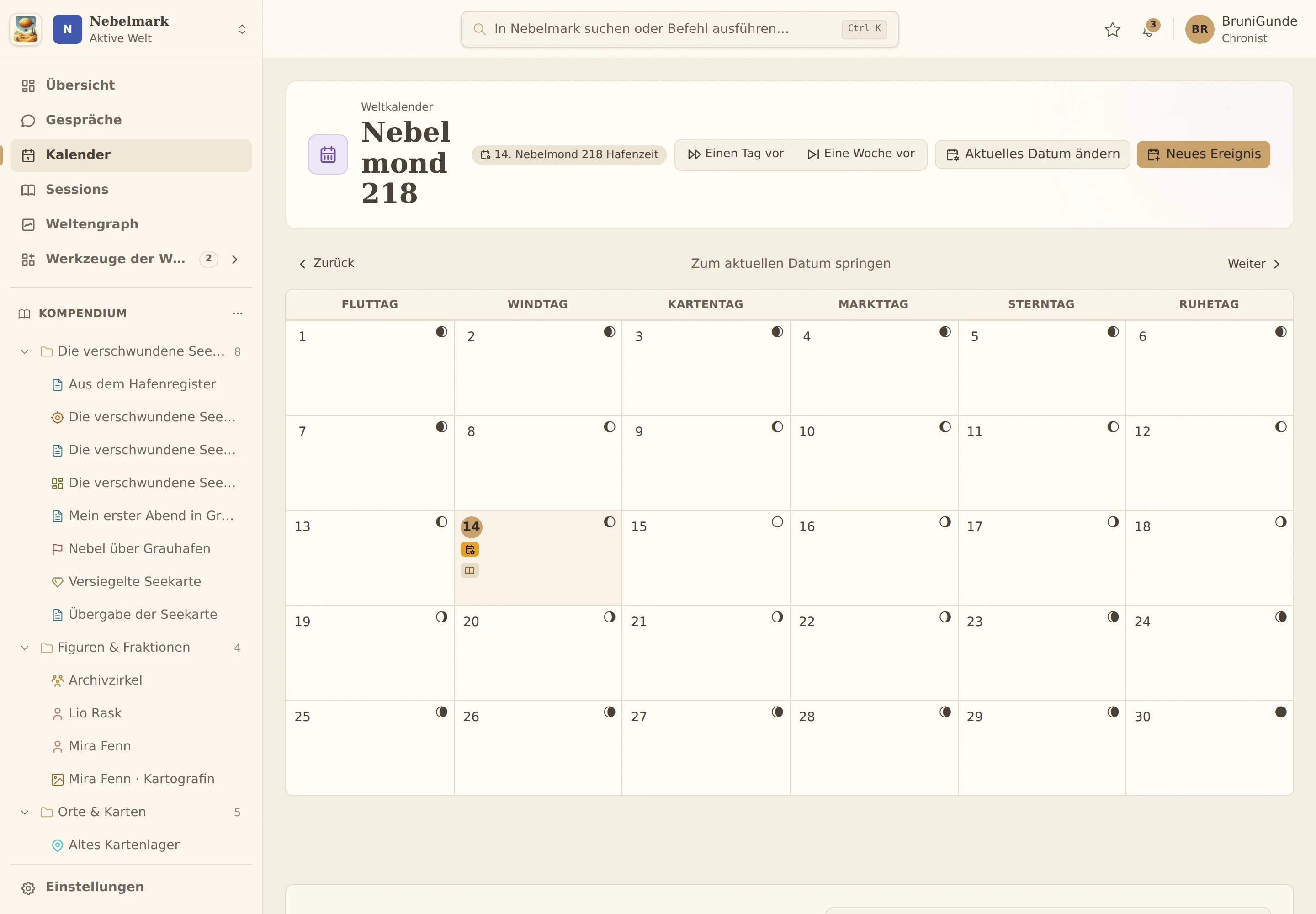 Weltkalender der Nebelmark mit Hafenfest und Spielkontext.