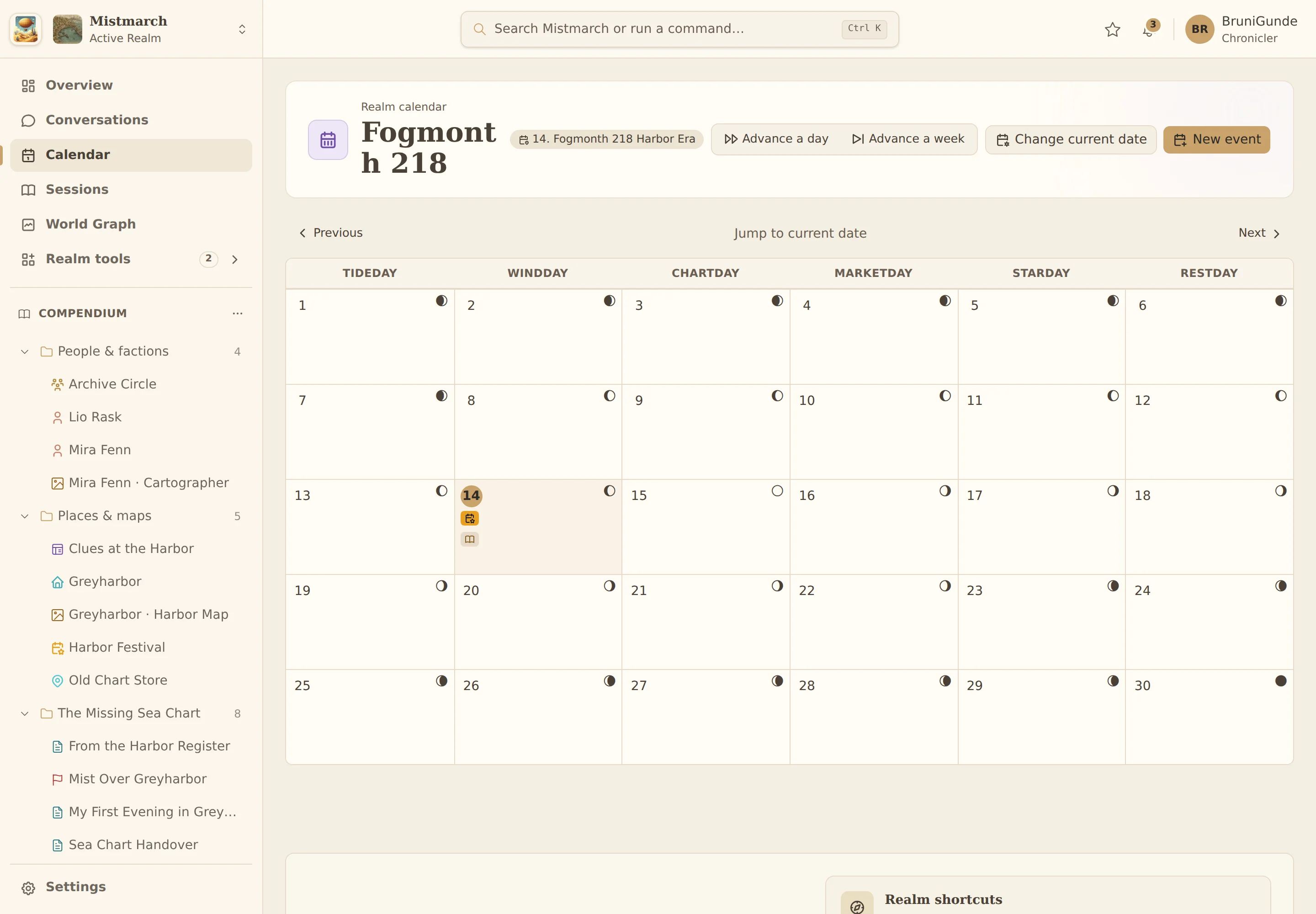 Mistmarch Realm calendar with a harbor festival and play context.