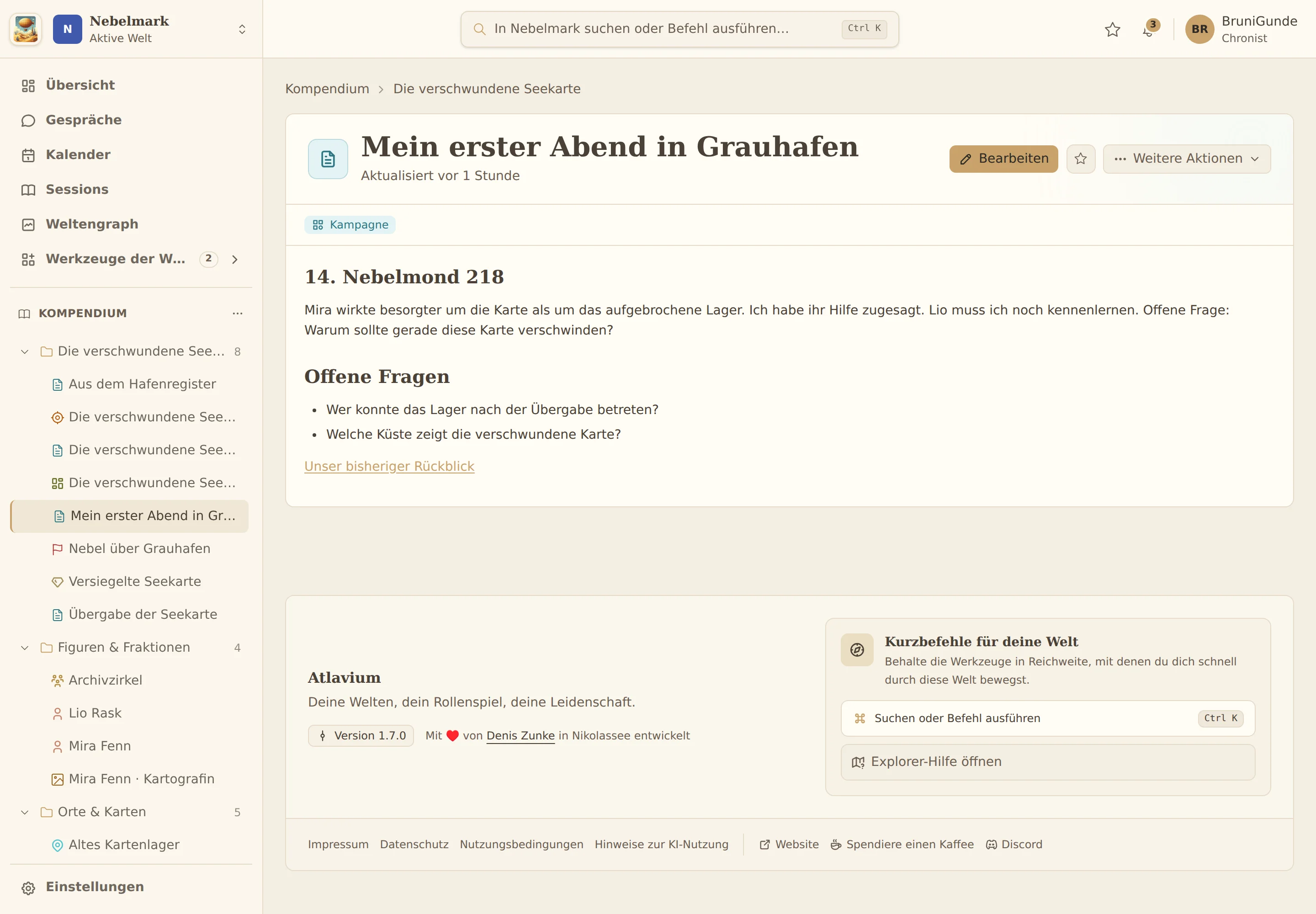 Charaktertagebuch mit einer Erinnerung an Mira und einer offenen Frage.