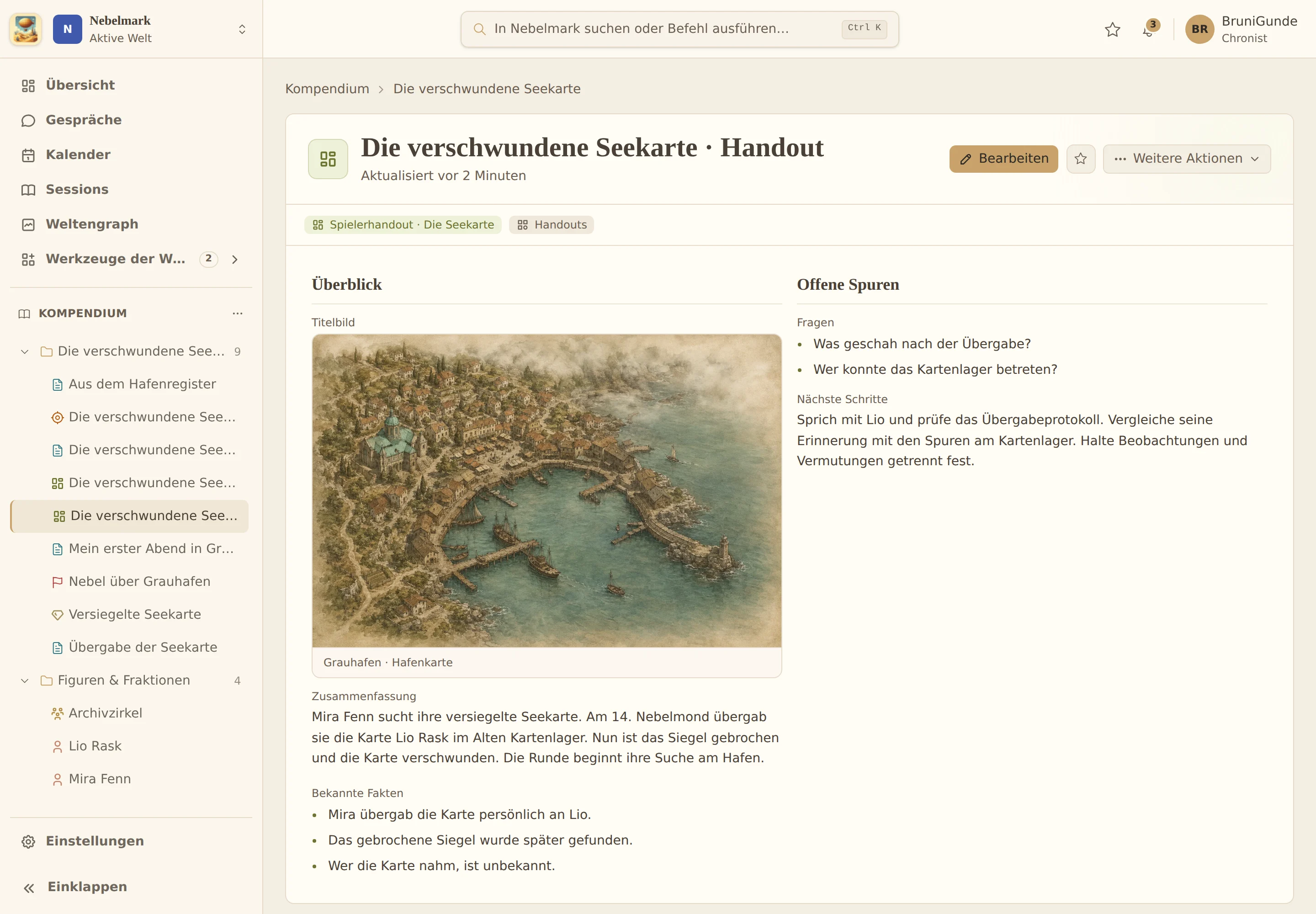 Neues Spielerhandout zur verschwundenen Seekarte mit Hafenskizze, Fakten und offenen Fragen.