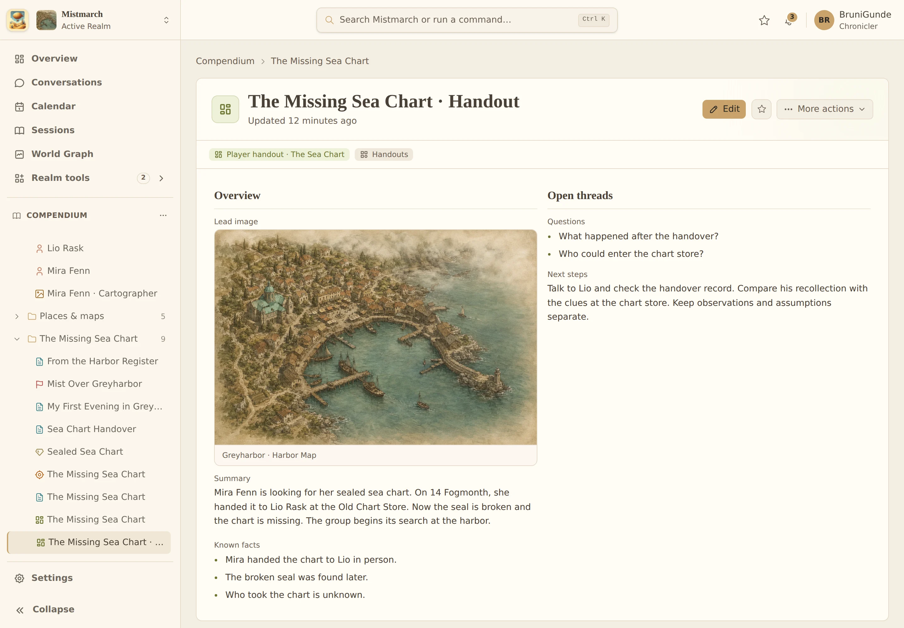 New player handout about the missing sea chart, with a harbor illustration, facts and open questions.