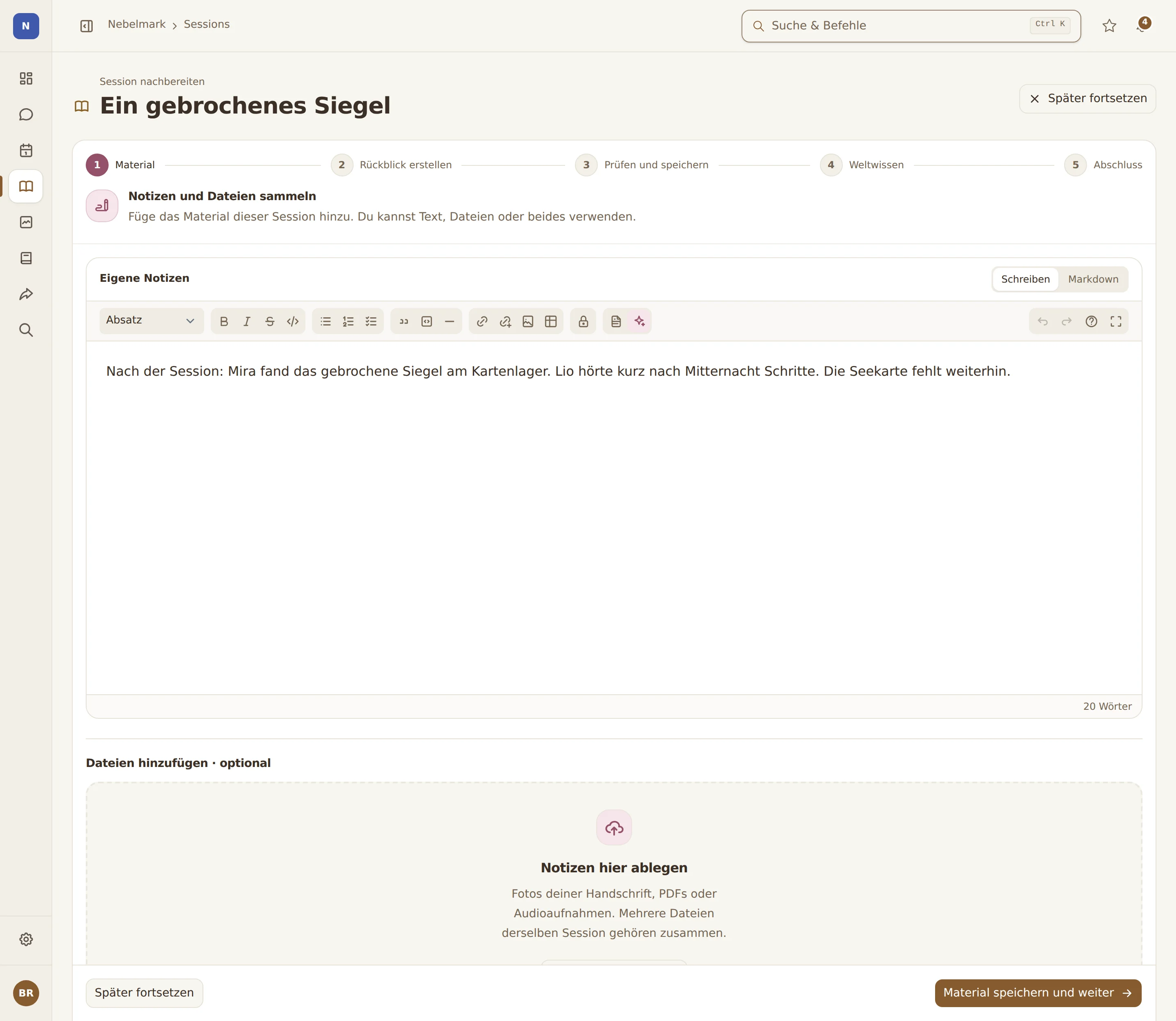 Session-Nachbereitung mit Fortschritt, Notizeditor und Upload für handschriftliche Notizen, PDFs und Audioaufnahmen.