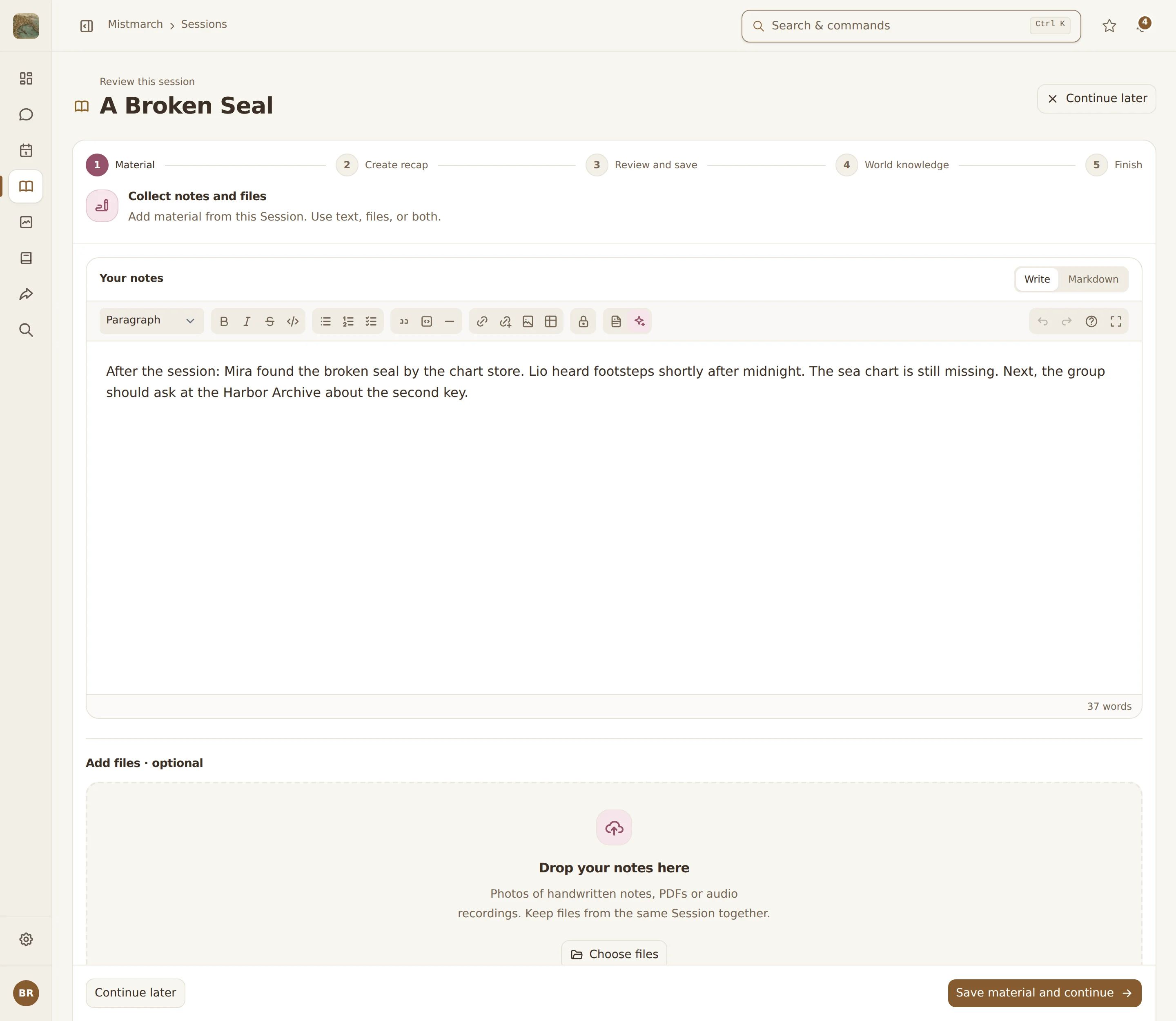 Session review with progress, notes editor and uploads for handwriting, PDFs and audio recordings.