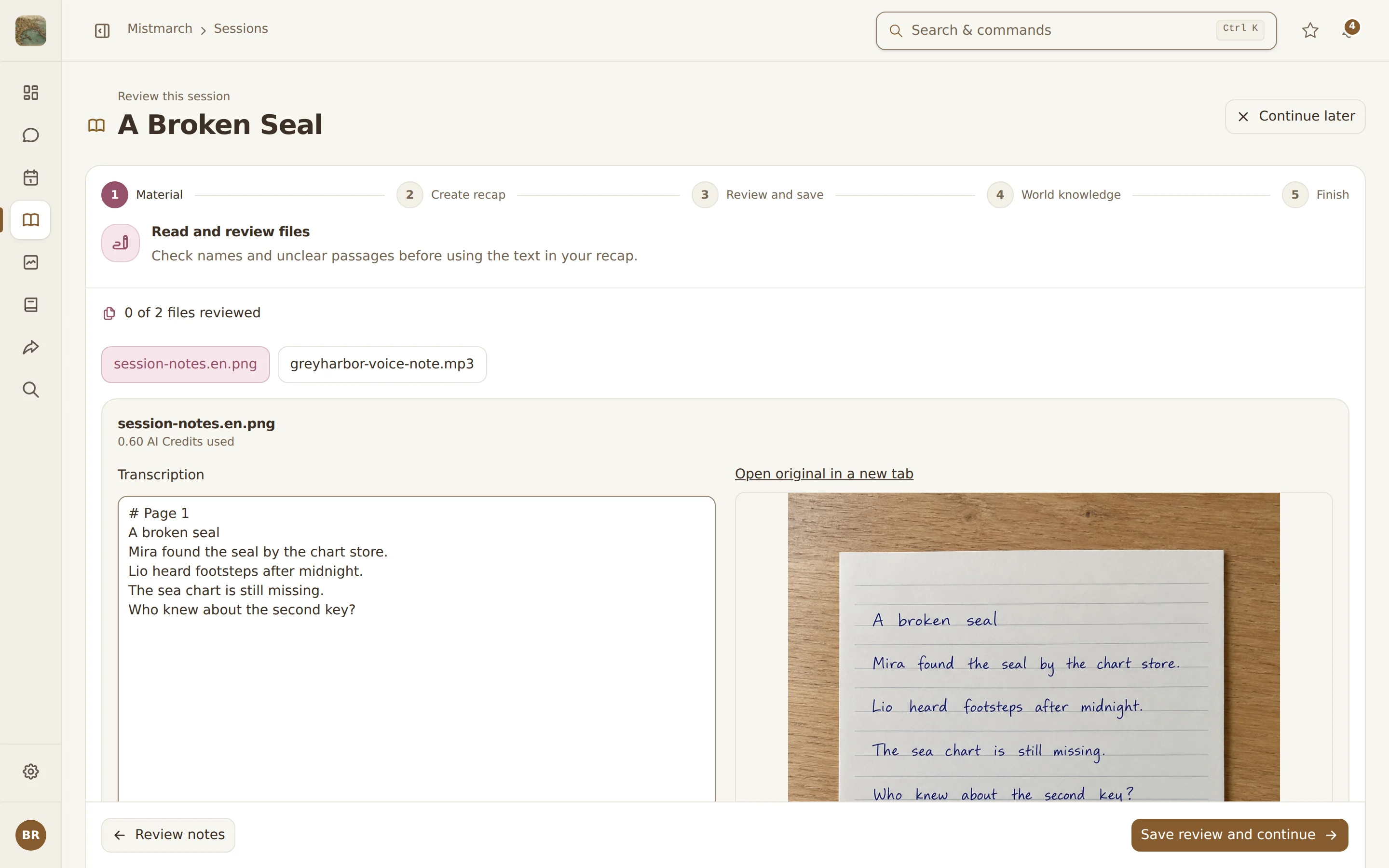 Review view with an OCR transcription of a photographed handwritten Session note beside the original.